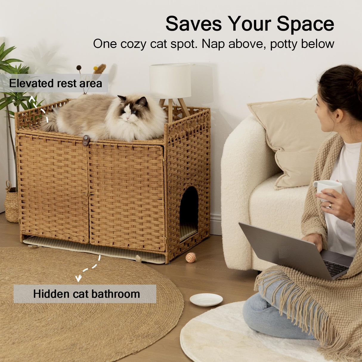 Cat Litter Box Enclosure and Hall Table, Handwoven Rattan Cat Litter Box Hider Furniture with 2 Litter Mats, Three-Sided Fenced Top, Large 30.3”L x 18.2”W x 24.2”H, Ombre Wheat Furriends