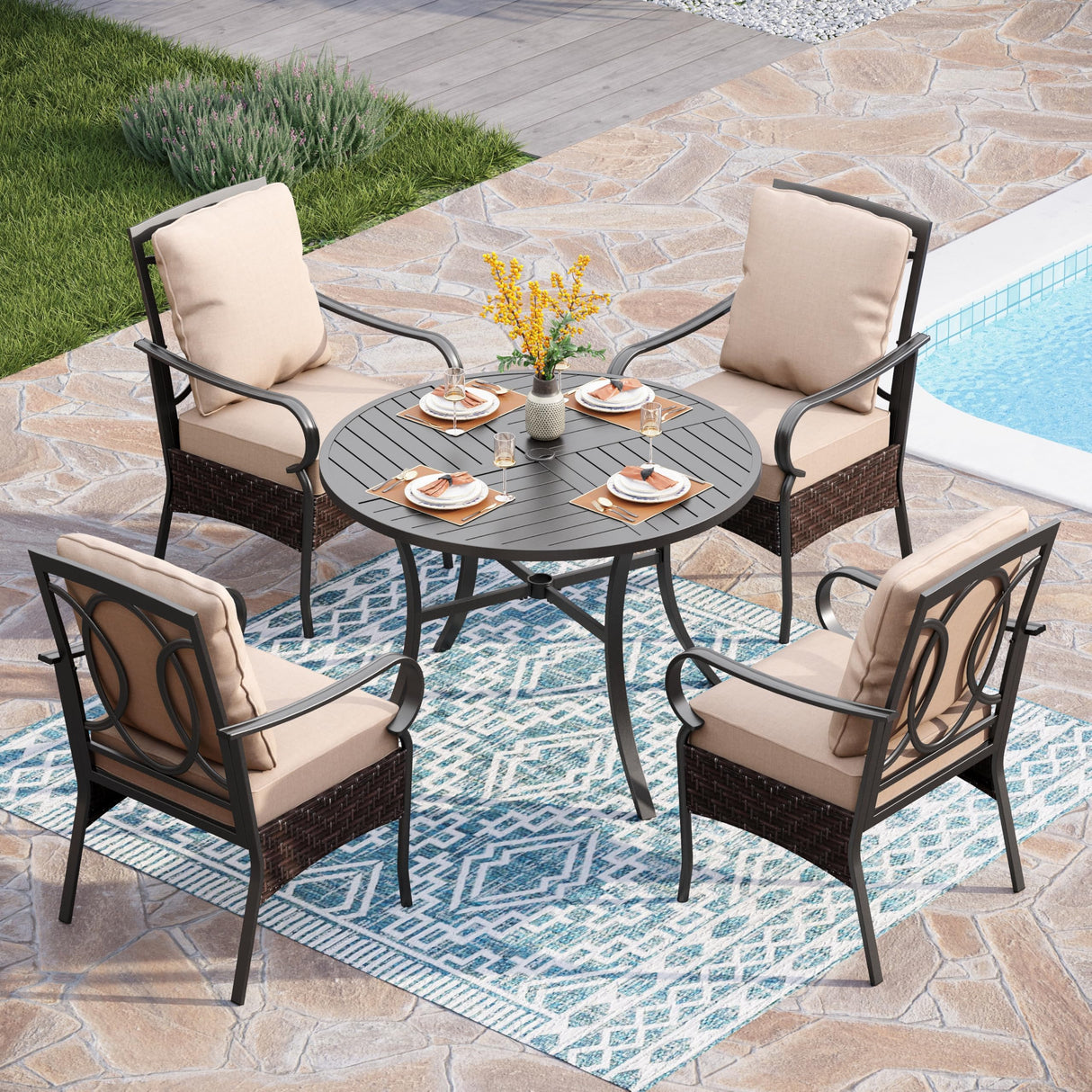 PHI VILLA 5-Piece Outdoor Dining Sets, All-Weather Patio Table and Chairs Set for 4, Heavy Duty Patio Round Table Set for Deck, 4 Extra Large Outdoor Metal Wicker Dining Chairs with Thick Cushions PHI VILLA