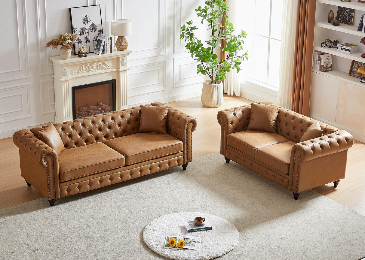 Mid Century Modern Couch, 85.5"W High-tech Fabric Button Tufted Oversized Loveseat Sofa with Nailhead Trim & Roll Armrests, Deep Seat Comfy Chesterfield Sofa for Living Room, Office(3 Seater, Brown) JEEOHEY