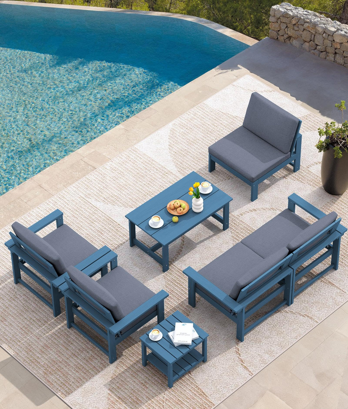 SERWALL HDPE Patio Furniture Set, 7-Piece Outdoor Sectional Sofa Set, All Weather Outdoor Couch Set for Deck, Lawn, Blue Frame with Grey Cushion SERWALL