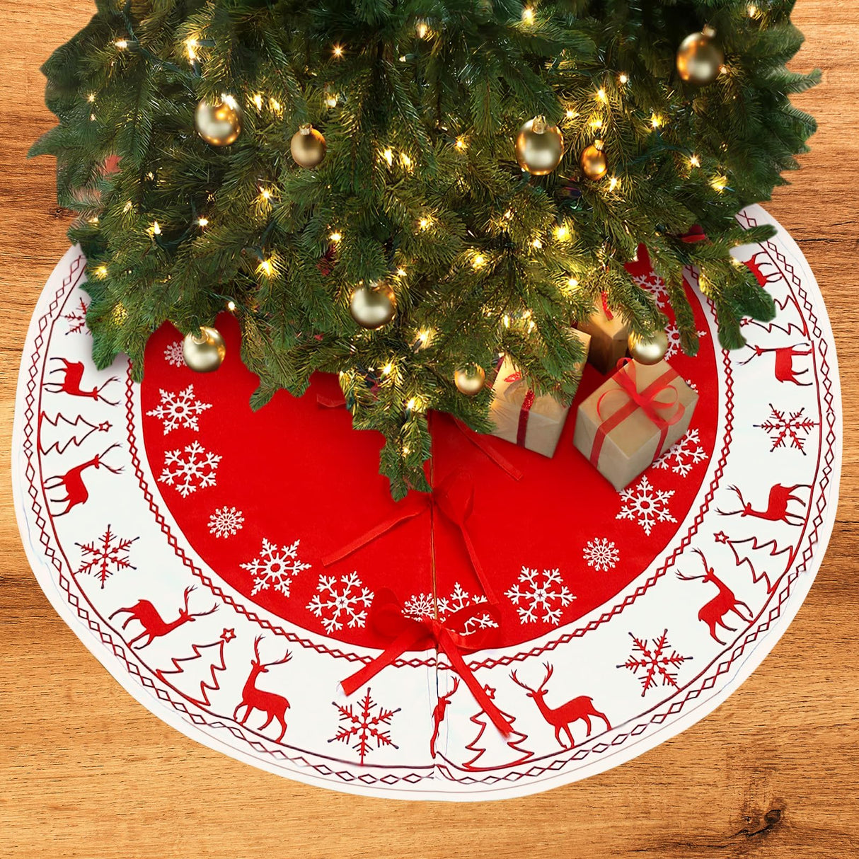 OurWarm Christmas Tree Skirt 48 Inches, Large Xmas Tree Skirts with Snowflake and Reindeer Pattern, Red and White Tree Mat for Christmas Winter Holiday Indoor Decorations OurWarm