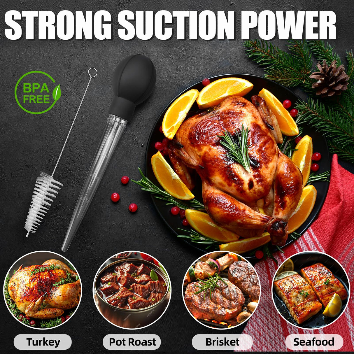 OLESBUR Premium Turkey Basters for Cooking – Baster Syringe for Hot Liquids – Meat and Food Injector – Essential Thanksgiving Cooking Tool – Turkey Baster Large with Cleaning Brush(Black) OLESBUR