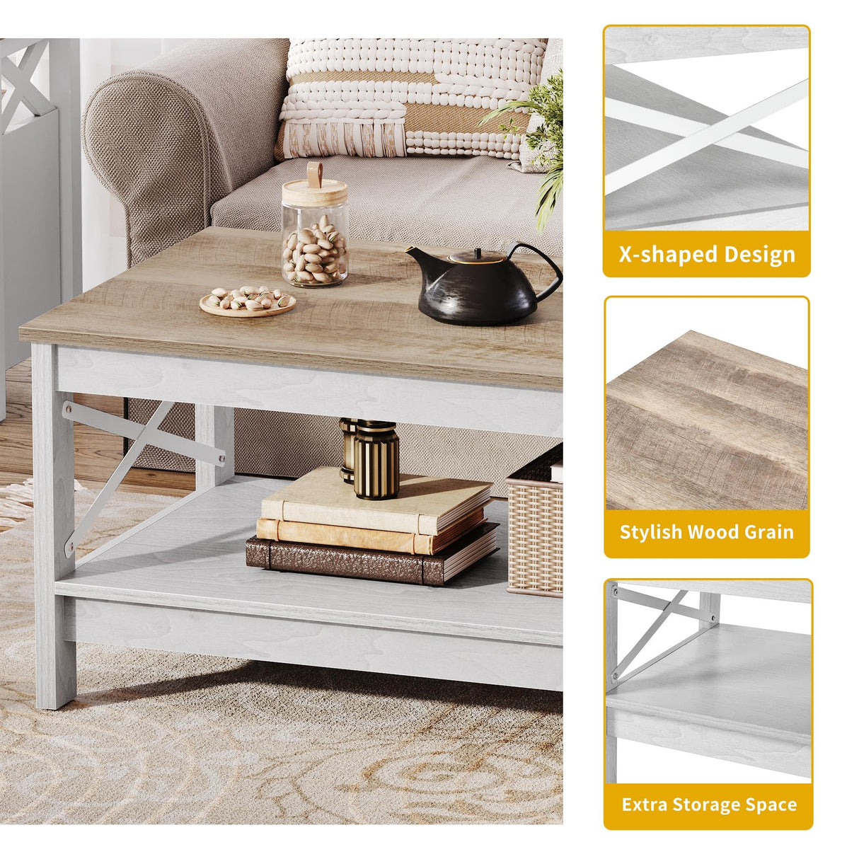 DWVO Coffee Tables for Living Room,Farmhouse Coffee Table, Storage Coffee Table, Small Coffee Table, Wood Coffee Table with Thicker Legs 2 Tier Coffee Table Center Table for Living Room, Grey Wash DWVO