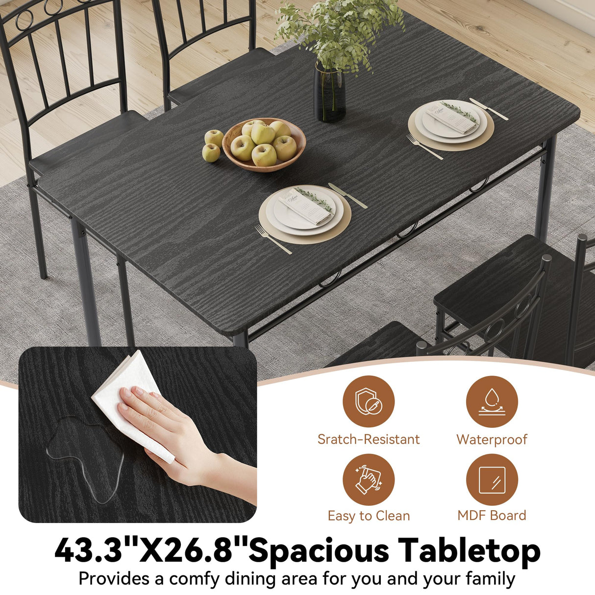 AMICLIBER Dining Table Set for 4, 5-Piece Kitchen Table and Chairs, Rectangular Dining Room Table Set with 4 Chairs, Space-Saving Kitchen Table Set for Small Space,Dinette,Apartment,Pure Black AMICLIBER