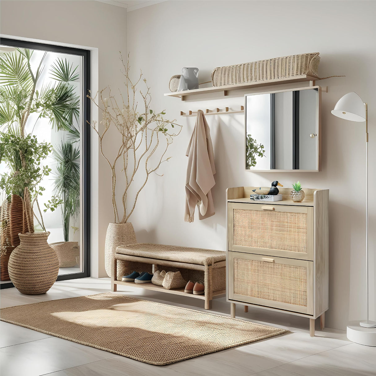 Finnhomy Extended Edition Shoe Cabinet with Natural Rattan Flip Drawers for Entryway, Free Standing 2 Tier Slim Shoe Organizer with Large Top Board, Shoe Cabinet with 3-Gear Adjustable Width Drawers Finnhomy