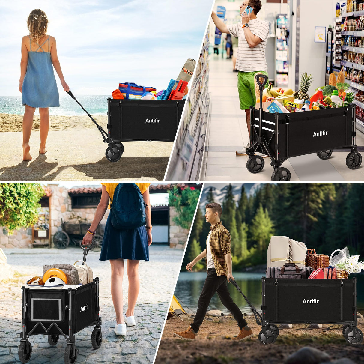 Antifir Collapsible Wagon with Large Capacity, Utility Wagons Carts Heavy Duty Foldable, Portable Folding Wagon with All-Terrain Wheels for Grocery Gardening Sports Shopping Fishing (Black) Antifir