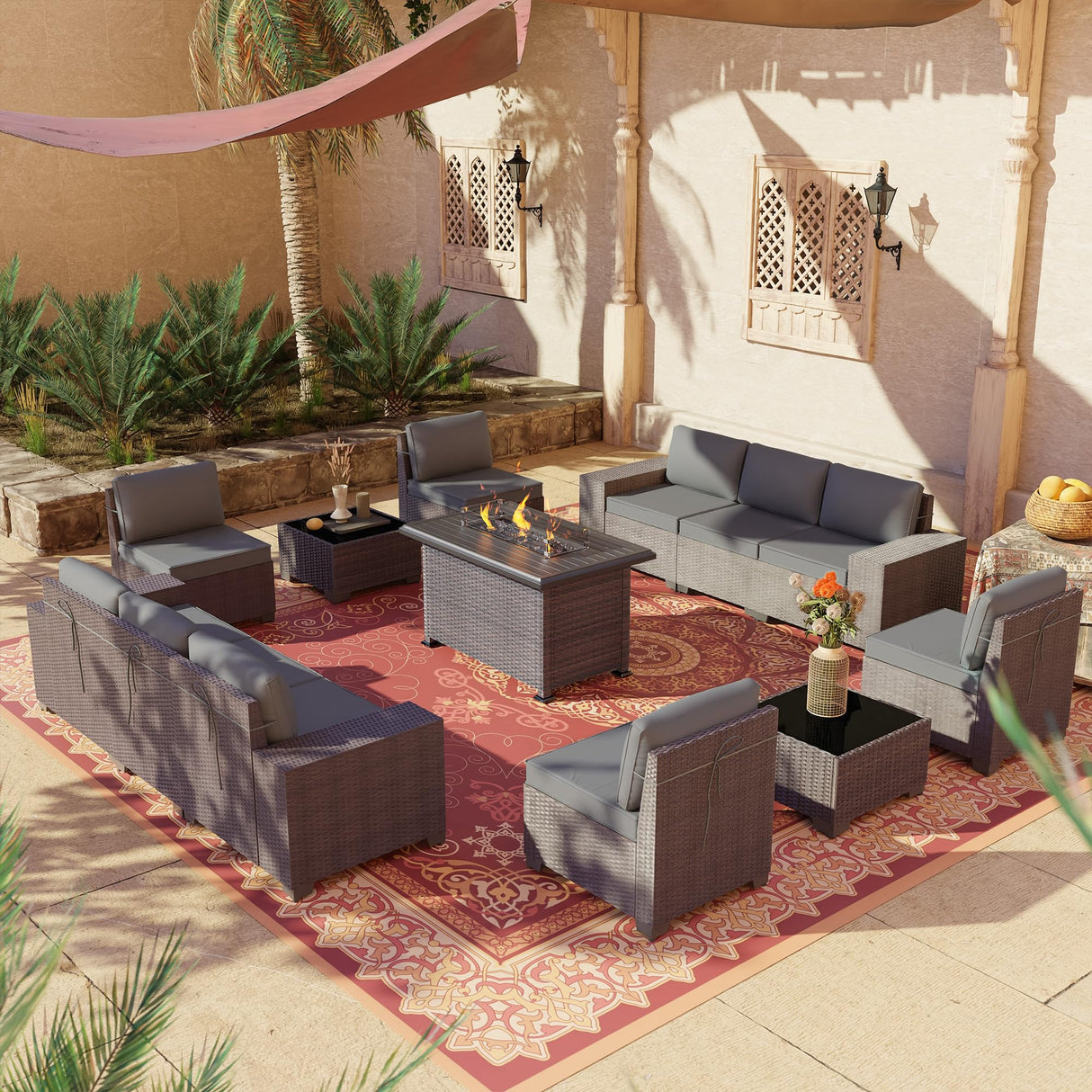 RTDTD Outdoor Patio Furniture Set with Propane Fire Pit Table, 13 Pieces Outdoor Furniture Patio Sectional Sofa Conversation Sets w/ETL Approved 43" Gas Outdoor Fire Table & Coffee Table (Grey) RTDTD