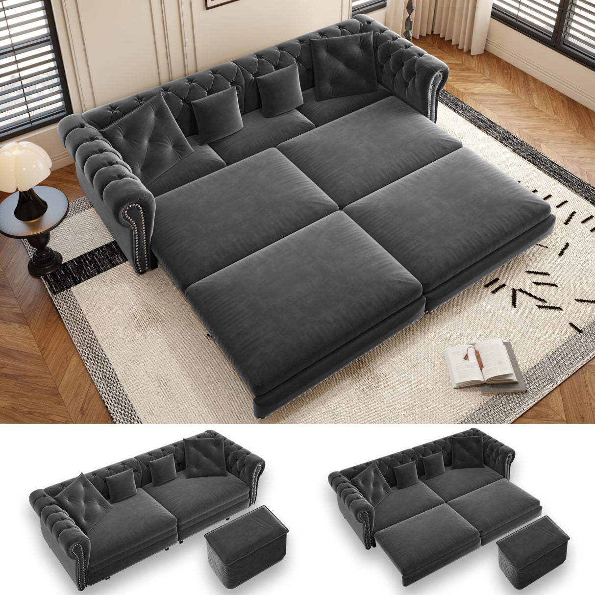 LuxyHoom 89" King Pull Out Sofa Bed, Velvet Chesterfield Sleeper Sofa Couch, 3 in 1 Convertible Tufted Futon Couches with Ottoman for Living Room, Small Space, Apartment, Office, Bedroom, Gray LuxyHoom