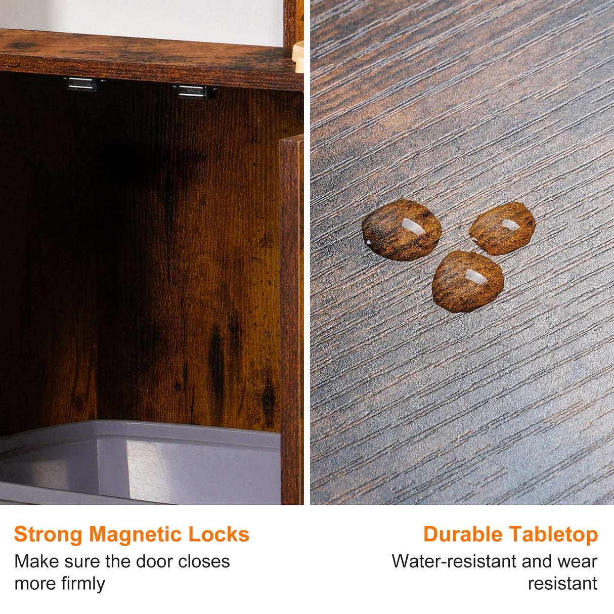 Heybly Cat tree, Wood Litter Box Enclosure with Food Station, All-in-one Indoor Cat Furniture with Large Platform and Condo, Modern Style Cat Tower, Hammock, Rustic Brown HCT102SR Heybly