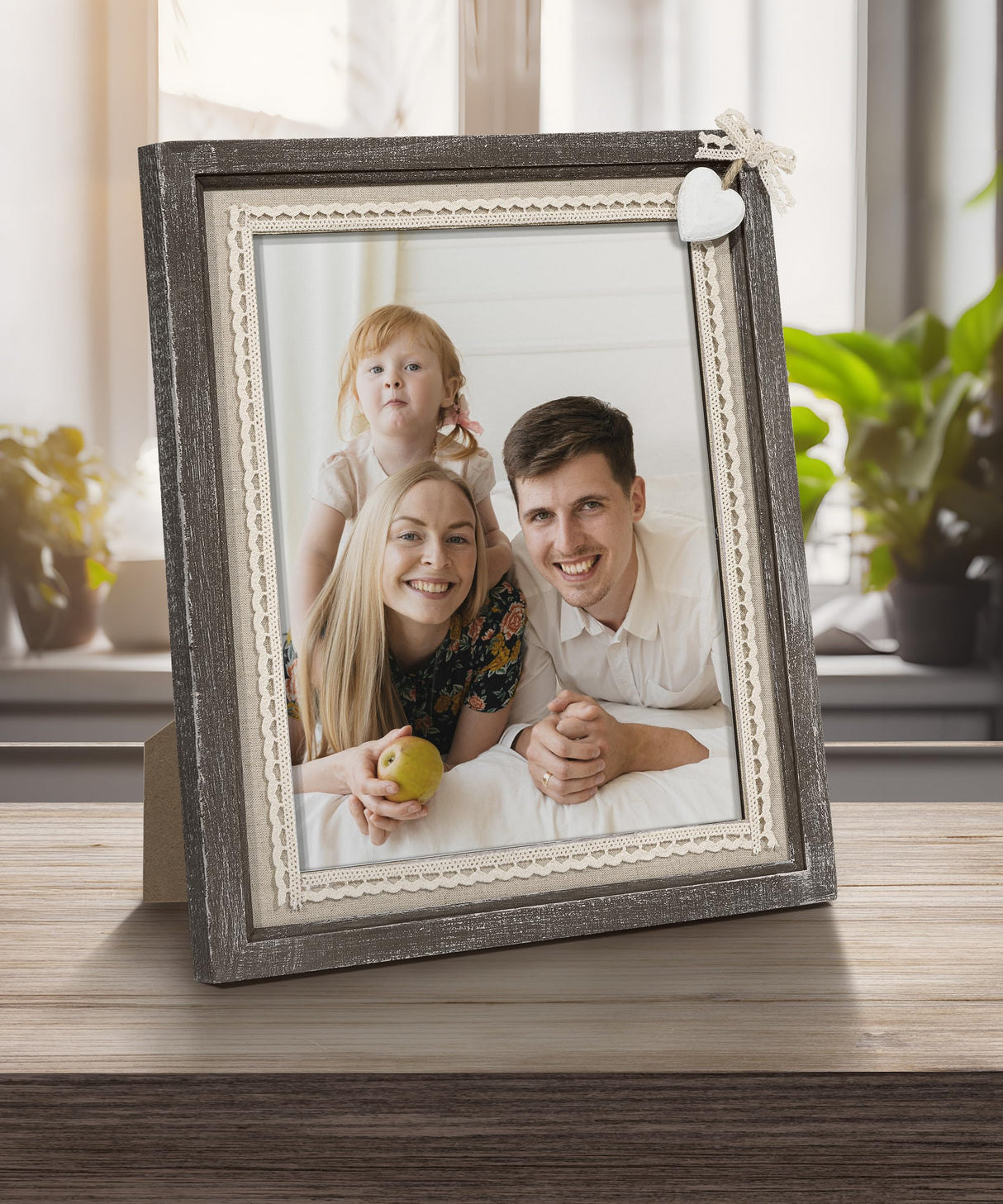 Sapowerntus 8x10 Picture Frames Rustic Wood Farmhouse Cute Heart Love Solid Wooden Family Photo Frame Lace Bow Glass Boho Wall Decor Hanging Tabletop Kids Mom Mother Wedding Gift Sapowerntus