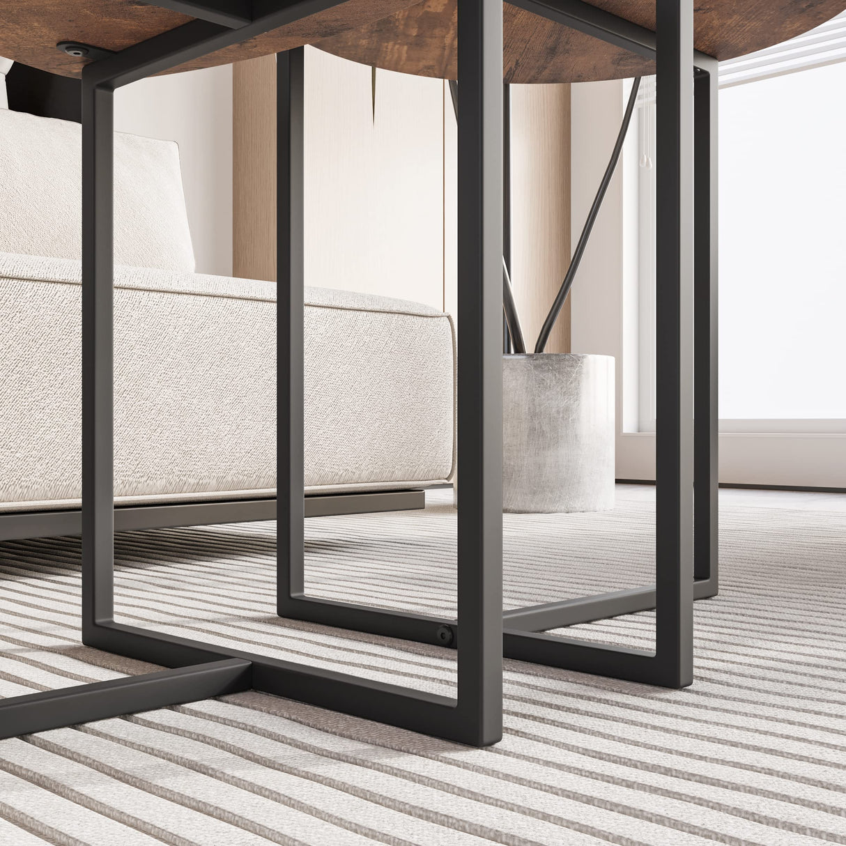 HOJINLINERO Round Coffee Table Set of 2 End Tables for Living Room,Black Small Coffee Table Living Room Table,Metal Frame & Wood,Sturdy and Easy Assembly,Stacking Side Tables Bedroom,Brown HOJINLINERO