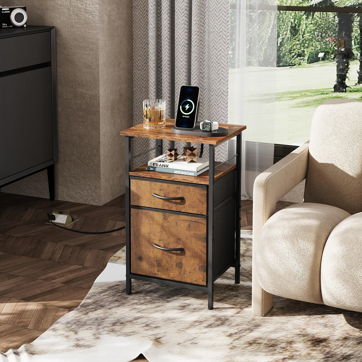 WLIVE Night Stand Set 2, Nightstand with Charging Station, Bedside Tables for Bedroom, Living Room, Side Table with Fabric Drawers, USB Ports and Outlets, Rustic Brown WLIVE