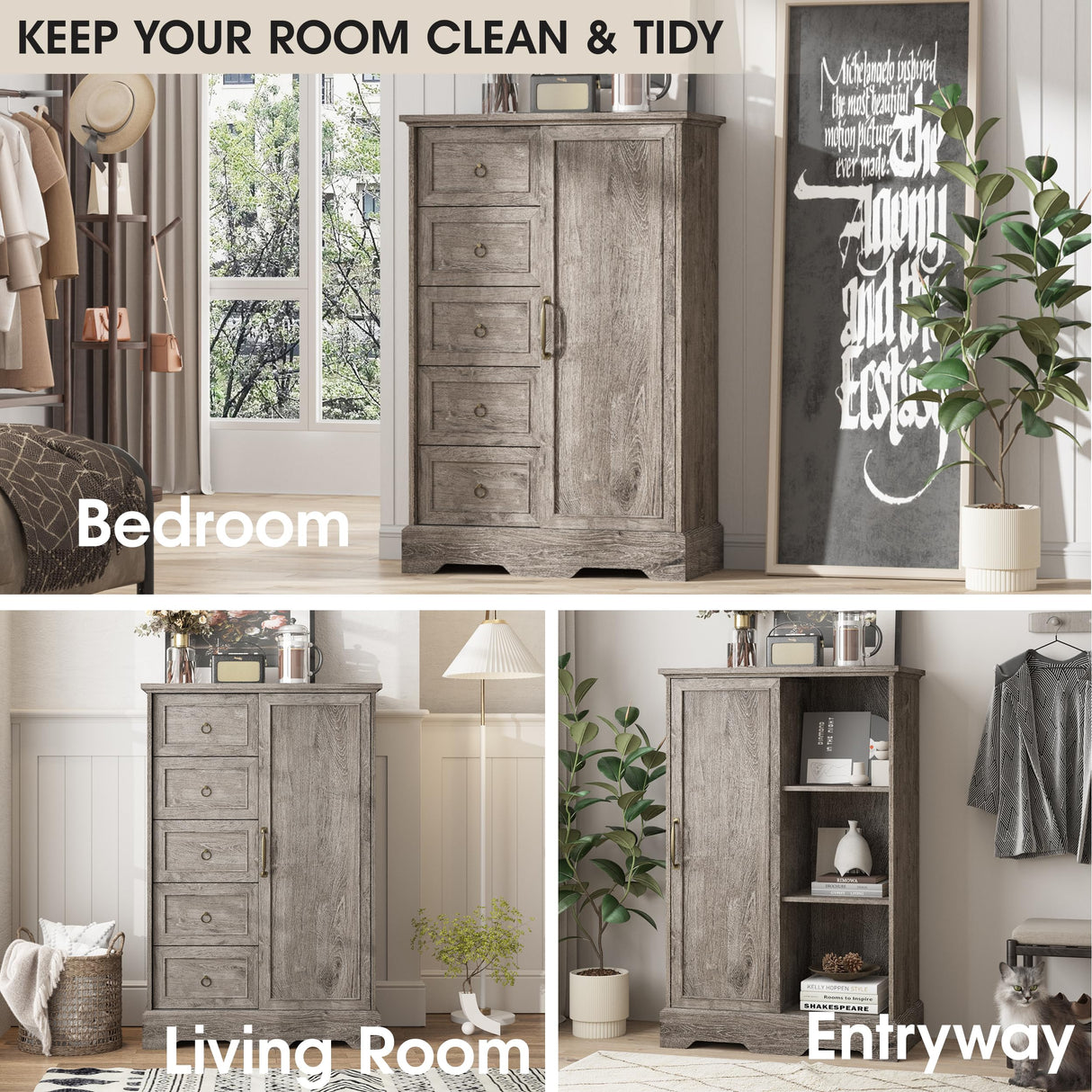 Vabches Farmhouse Dresser Storage Cabinet Chest of Drawer for Bedroom, 5 Drawer Dresser with Sliding Barn Door, 48" Tall Wood Rustic Dresser for Bedroom, Living Room, Entryway, Hallway, Washed Grey Vabches