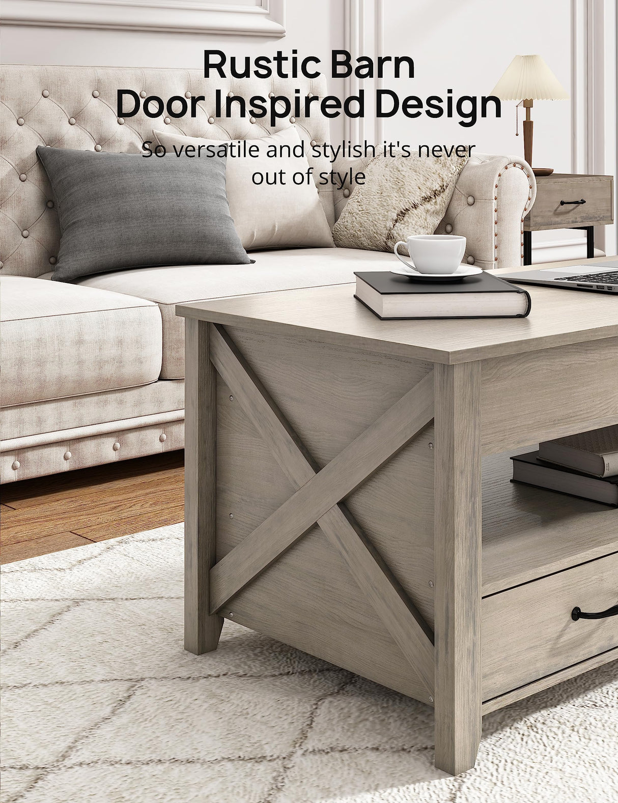 Evajoy Lift Top Coffee Table, Modern Coffee Table with 2 Storage Drawers and Hidden Compartment, X-Shape Wood Support, Center Table with Lift Tabletop for Living Room, Office,Grey,16.9''x41.3''x18.1'' Evajoy