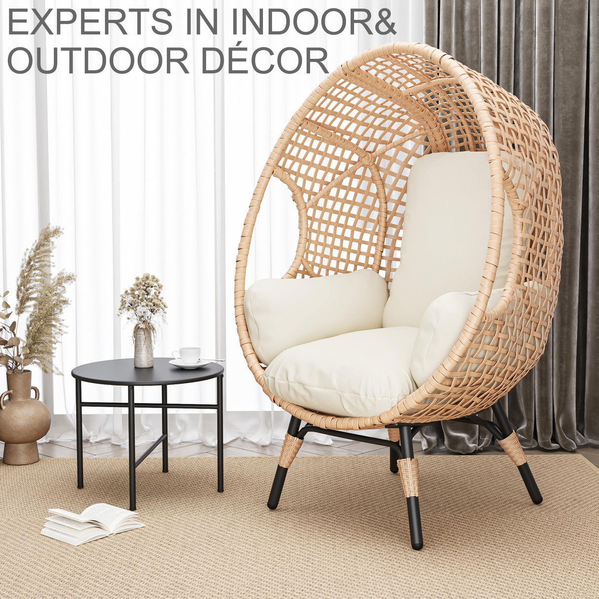 CHINNLUU Outdoor Egg Chair Wicker Oversized Egg Basket Chair with Stand Lounger Chairs with Cushion 500lbs Capacity for Patio Garden Backyard Balcony CHINNLUU