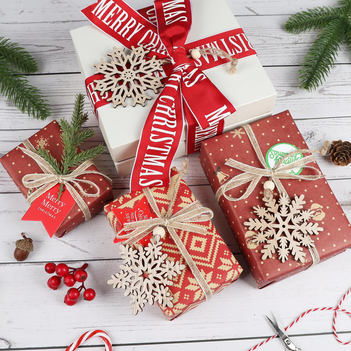 24 Pieces Wooden Christmas Snowflakes Ornaments 3inch Snow Flake Hanging Ornament for Rustic Christmas Tree Decoration Holiady Gift Crafts HUADODO