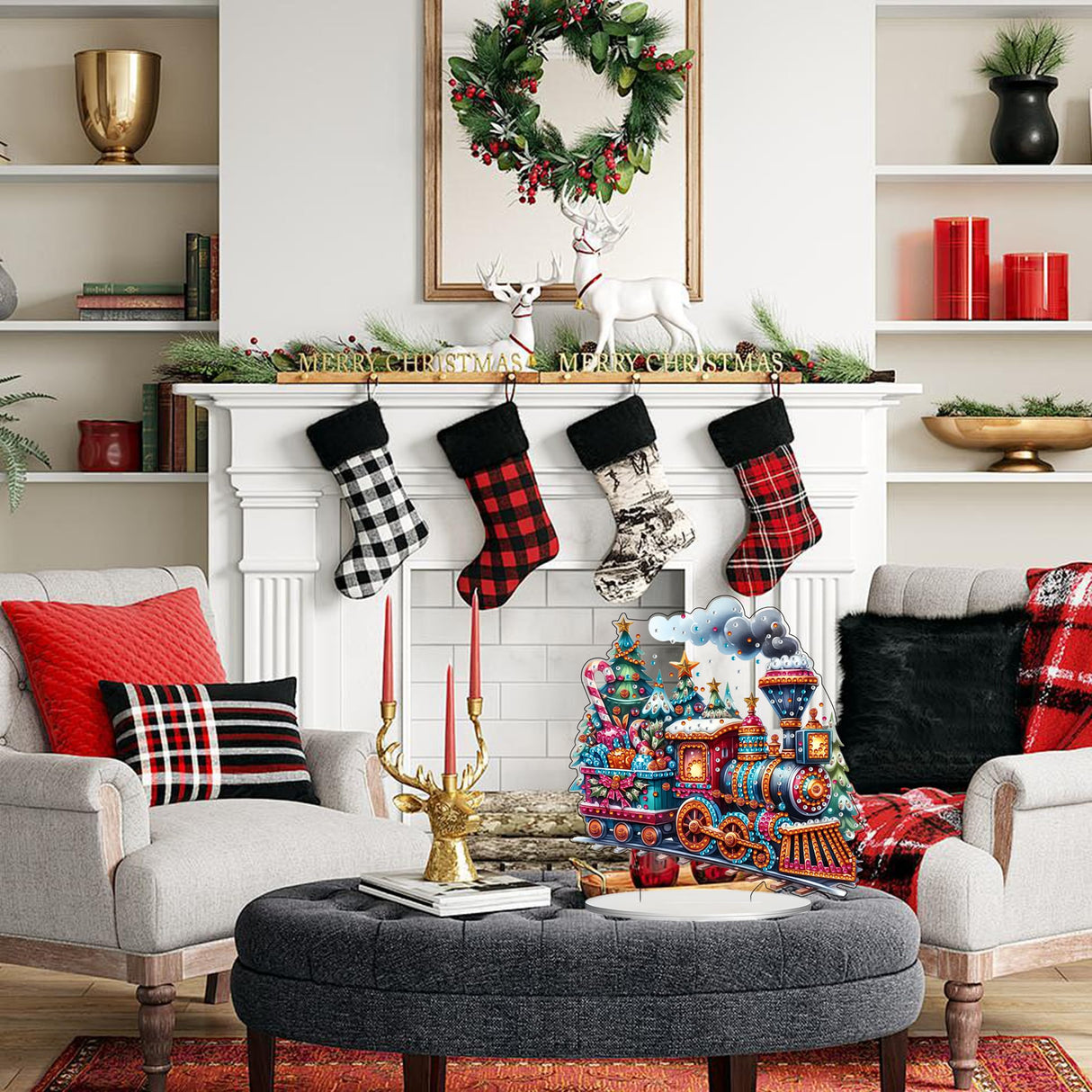 JJFox DIY Tabletop Diamond Art Painting Kit,Special Shaped Rhinestone Desk Placement Ornament,Home Stand Up Gem Painting Craft Kit,Gift. (Christmas Train-1) JJFox