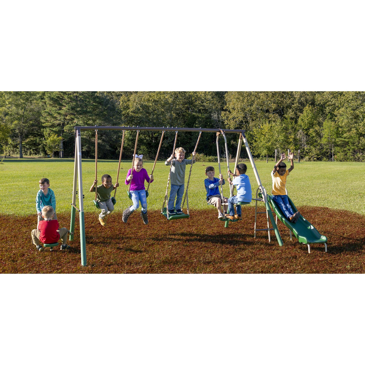 XDP Recreation Crestview Outdoor Play Kids Metal Backyard Playset Swing Set with 2 Swings, Slide, Stand N Swing, Fun Glider, and See Saw, Green/Tan XDP RECREATION