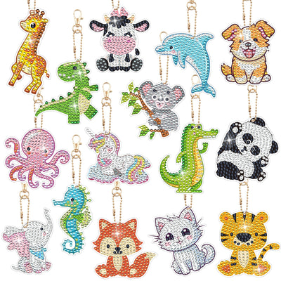 15 PCS Diamond Painting Keychains Animal Diamond Art Ornaments Double Side Diamonds Key Rings DIY 5D Art Pedants for Beginners Birthday Crafting Home Party Decor