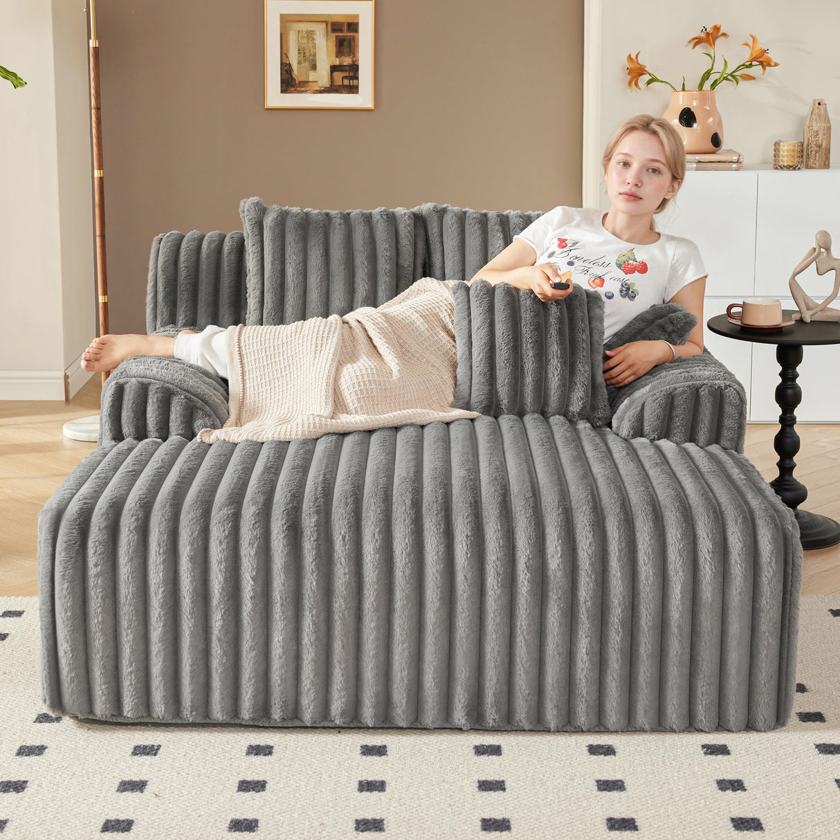 Mangodan 53.5”W Oversized Chaise Lounge Chair Indoor, Boneless Couch with 4 Pillows, Cozy Reading Chairs with Wide Arms, No Assembly Corduroy Boneless Chair, Memory Foam Couch for Living Room, Gray Mangodan