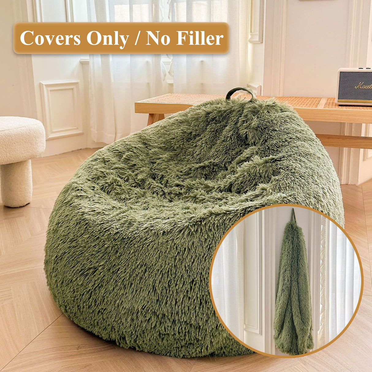 XeGe Faux Fur Comfy Bean Bag Cover(No Filler), Fluffy Stuffed Animal Storage Bean Bag Chair Cover for Bedroom Home Decor, Furry Fuzzy Bean Bag Cover for Adults Teens Kids Girls, Anti-Slip, Sage Green XeGe