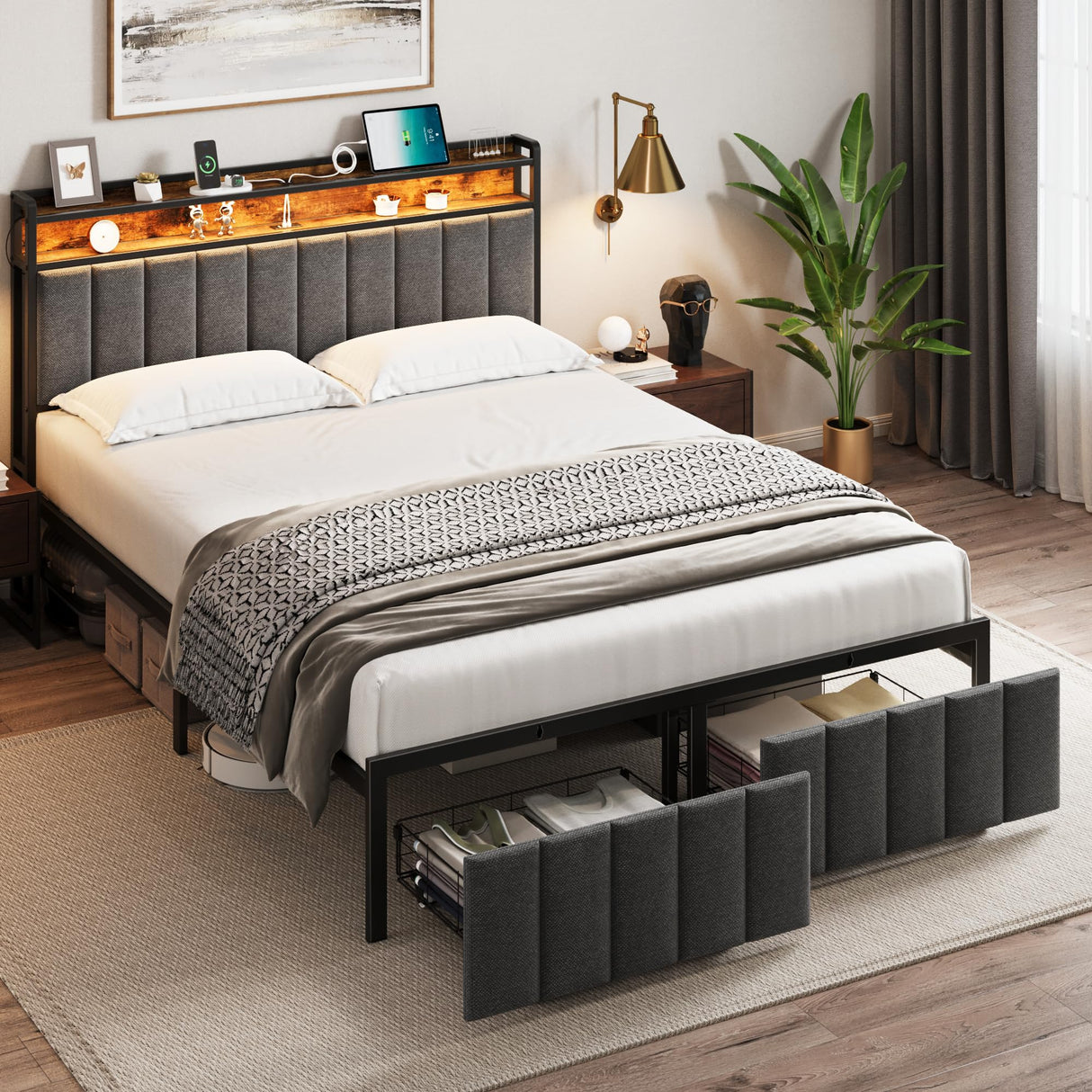 Full Bed Frame with Storage, Upholstered Bed Frame with LED Lights Headboard and 2 Drawers, Full Size Bed Frame with Charging Station, Noise-Free, No Box Spring Needed, Easy Assembly, Grey stasado