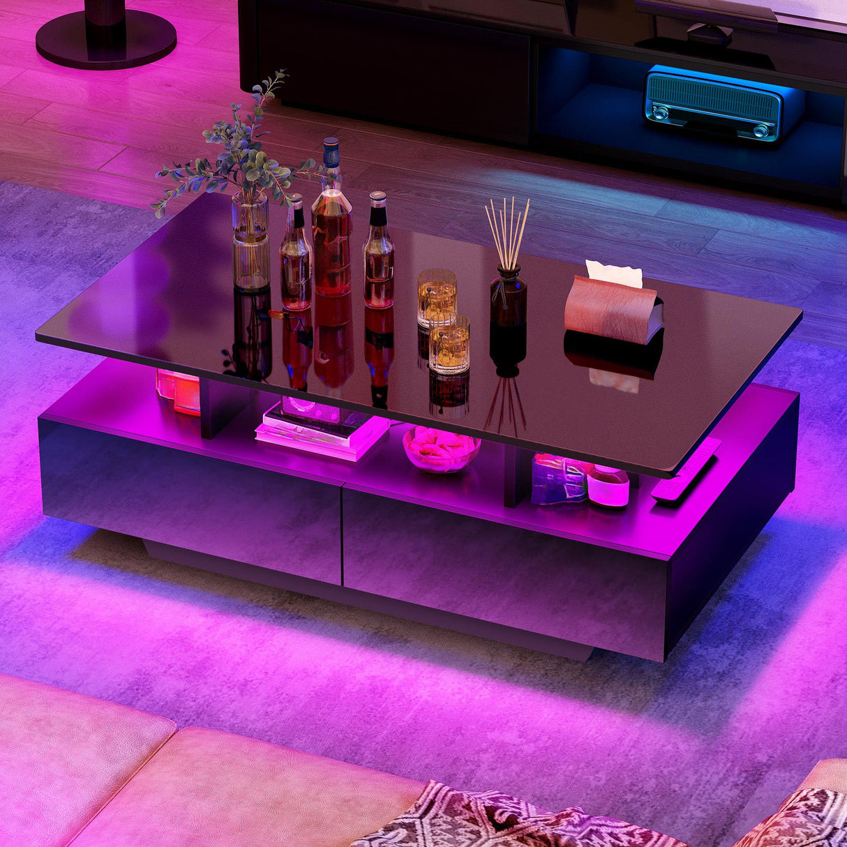 YITAHOME LED Coffee Table with Storage, High Glossy LED Coffee Tables for Living Room, Modern Black Rectangle Coffe Table, Small Center Table with Open Display Shelf & 4 Sliding Drawers, Glossy Black YITAHOME