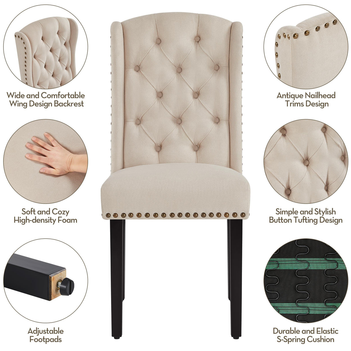 Yaheetech Dining Chairs Upholstered Fabric Chairs Tufted Kitchen Chairs with Solid Wood Legs, Nailhead Trims for Dining Room Kitchen and Restaurant, 1 Package of 2pcs, Beige Yaheetech