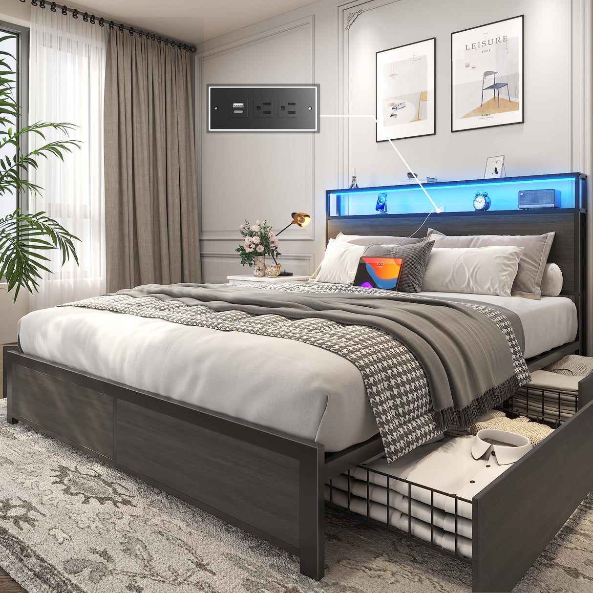 Lifezone Queen Bed Frame with 2-Tier Storage Headboard, Metal Platform Bed Frame with 4 Storage Drawers, Built in Charging Station & LED, Noise-Free/Metal Support/No Box Spring Needed, Rustic Grey Lifezone