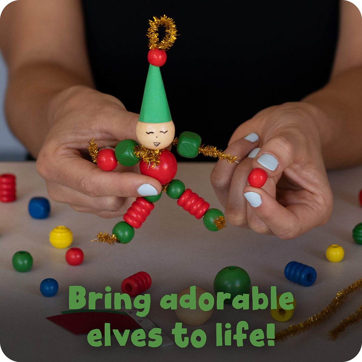 READY 2 LEARN Christmas Crafts - Create Your Own Bead Elves - Set of 4 - DIY Ornaments for Kids - Christmas Tree Decoration - All Materials Included READY 2 LEARN