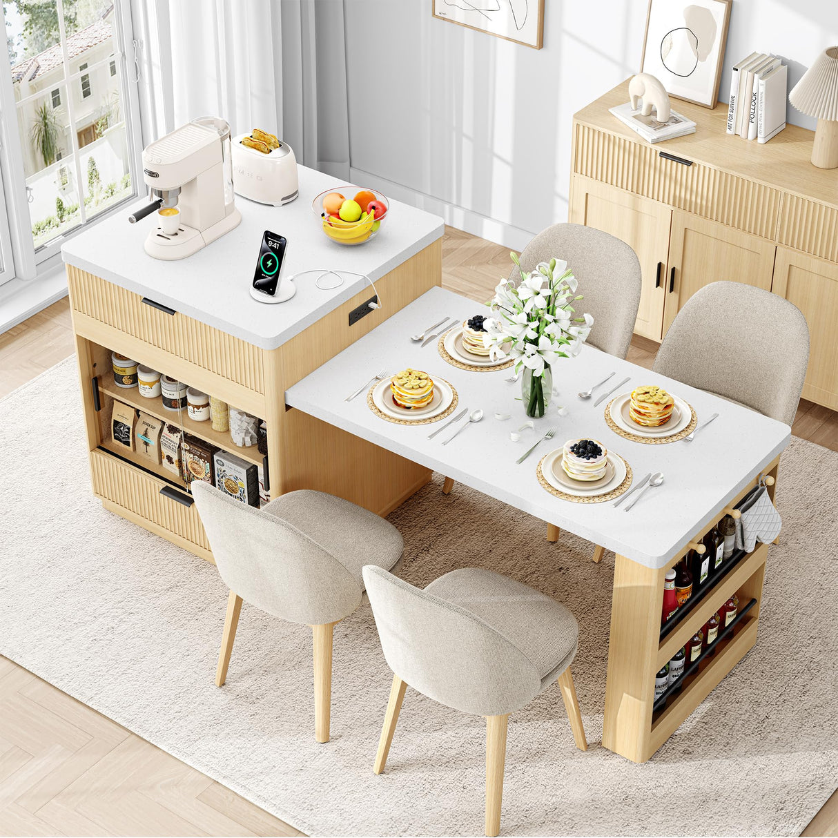 IRONCK 78.7" Kitchen Island with Extendable Dining Table & Storage for 2-6, with Motion-Sensor LED Tempered Glass Cabinet, Charging Station, Spice Racks, Quartz Laminate Top for Dining Room (Oak) IRONCK