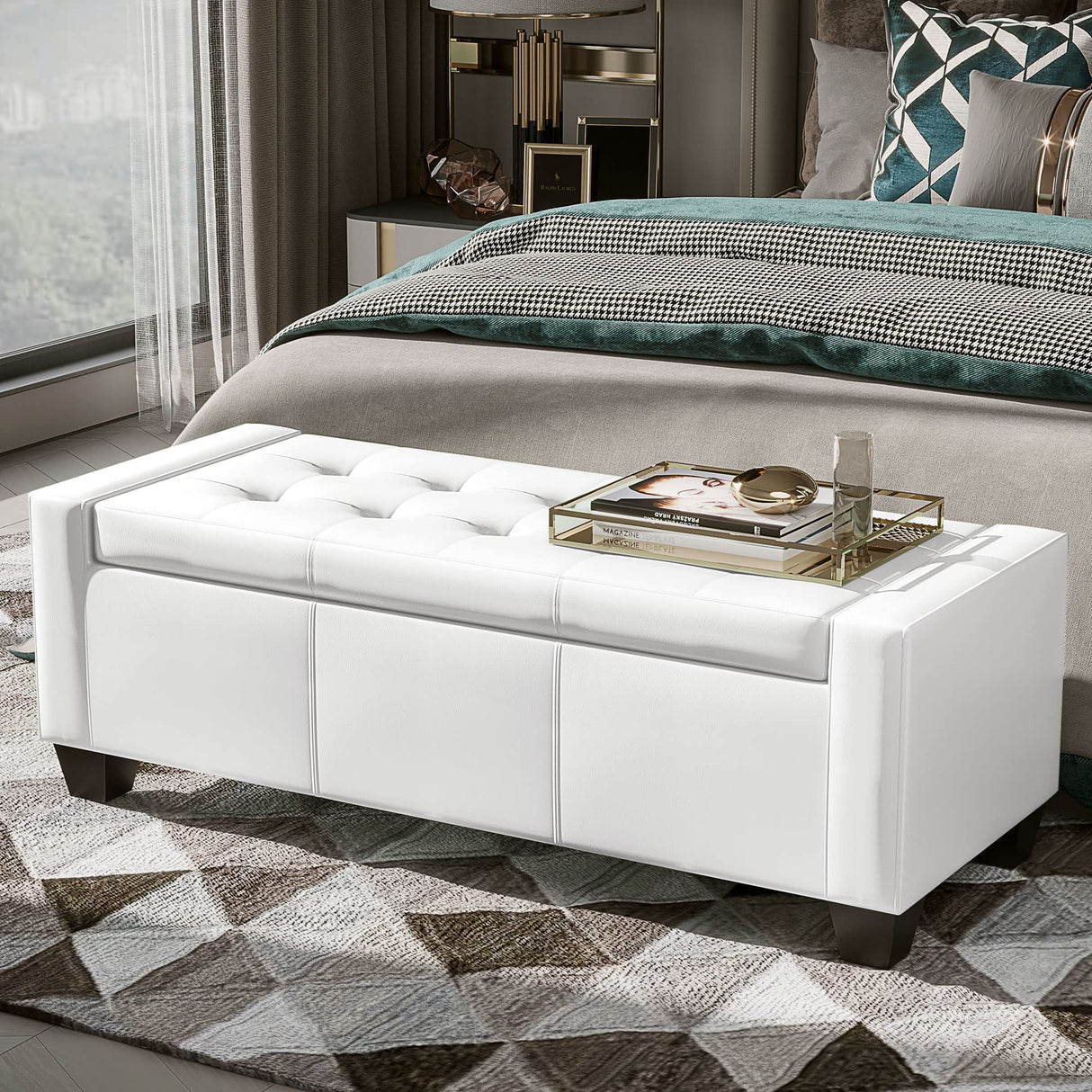 HOMCOM Large 51" Storage Ottoman, Tufted Faux Leather Storage Bench for Living Room, Entryway, or Bedroom, Cream White HOMCOM