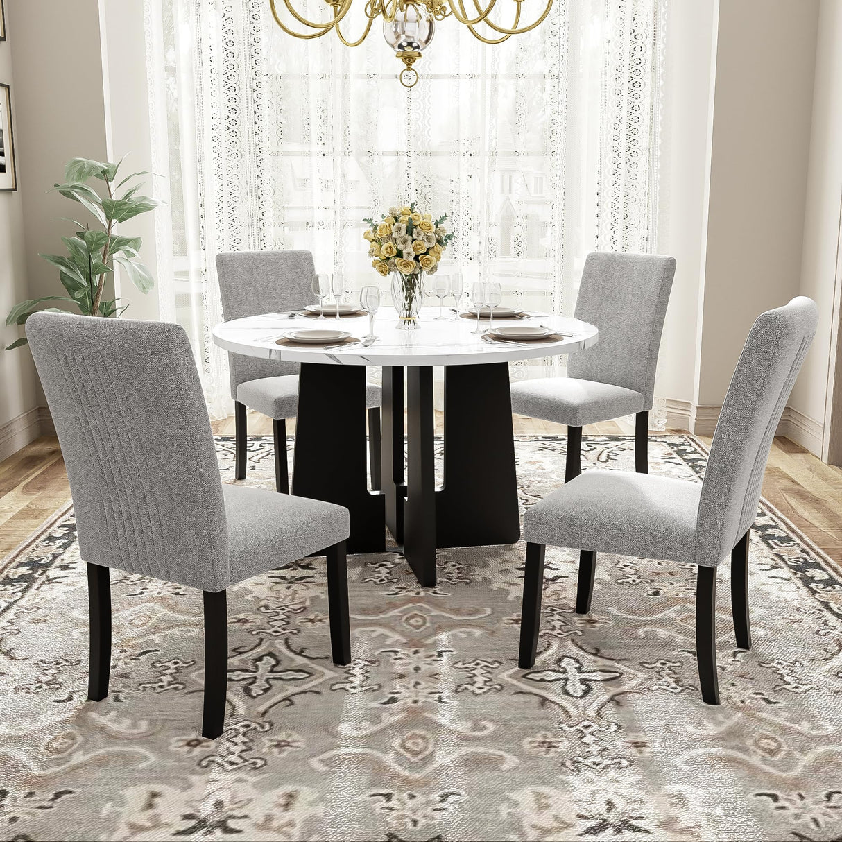 Merax 5-Piece Round Dining Table Set, Modern 4 Upholstered Chairs for Living,Kitchen Room, 43 Inch, White+Gray Merax