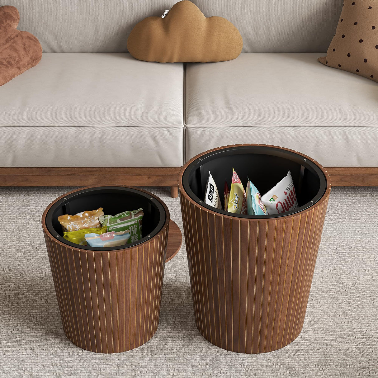 Nesting Coffee Table Set of 2, Round End Table with Storage, Farmhouse Side Table with Removable Wood Tops and Wood Basket Bases for Blanket Storage, Modern Coffee Table for Living Room (Walnut) Lisicues