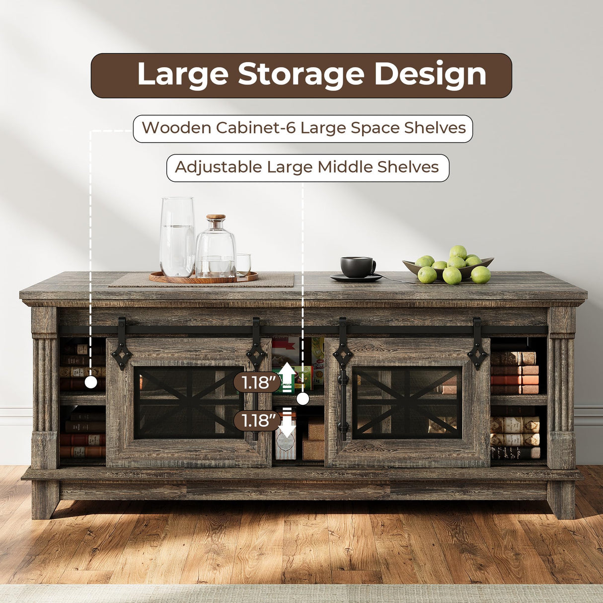 IRONCK 48'' Coffee Table with Sliding Barn Doors, Rustic Center Table with 6 Large Storage Space, Glass Doors and Adjustable Middle Shelf, Farmhouse Coffee Tables for Living Room, Meeting Room IRONCK