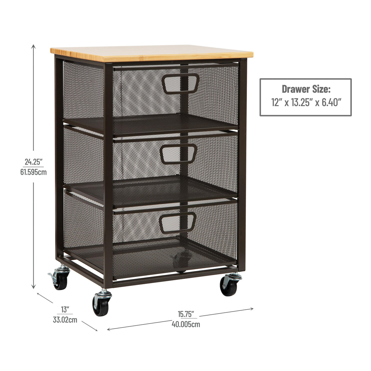Mind Reader Cart with Drawers, Office Organizer, Storage, Bathroom, Metal Mesh, 15.75"L x 13"W x 24.25"H, Black Mind Reader