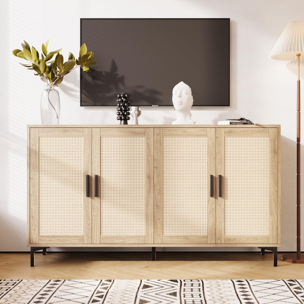 Sideboard - Kitchen Buffet Cabinet with Rattan Decorated Doors, 4 Doors Accent Sideboard Cabinet, Coffee Bar Cabinet Rattan Sideboard for Dining Room, Kitchen, Hallway, Cupboard Console Table,Natural JASIWAY
