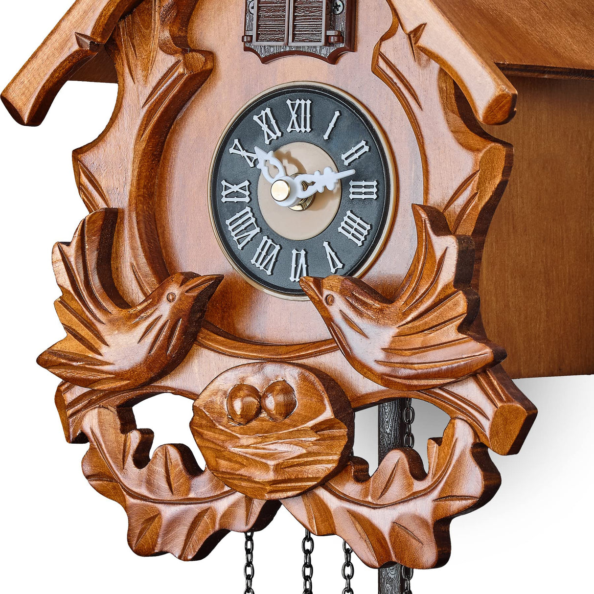 TIMEGEAR Cuckoo Clock with Night Mode, Singing Bird and Carved Wood Decorations (Cherry) TIMEGEAR