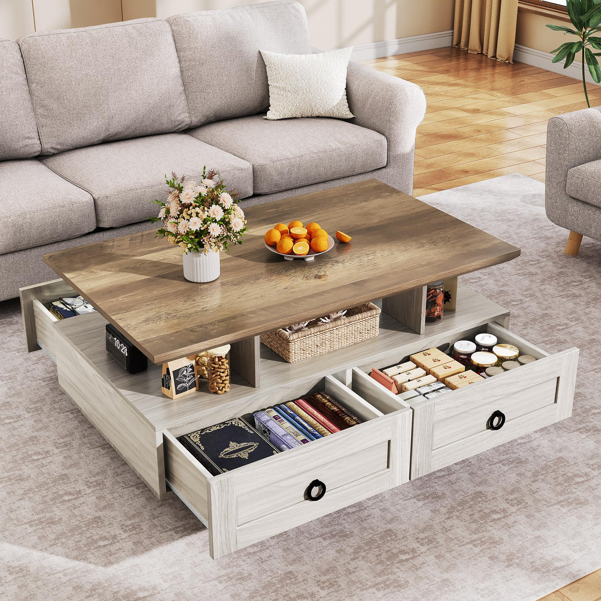 YITAHOME Farmhouse LED Coffee Table with Storage 4 Drawers, Wood Coffee Tables for Living Room, 2 Tiers Open Display Area with Metal Chic Handles, Industrial Cocktail Center Table, Brown and Oak YITAHOME