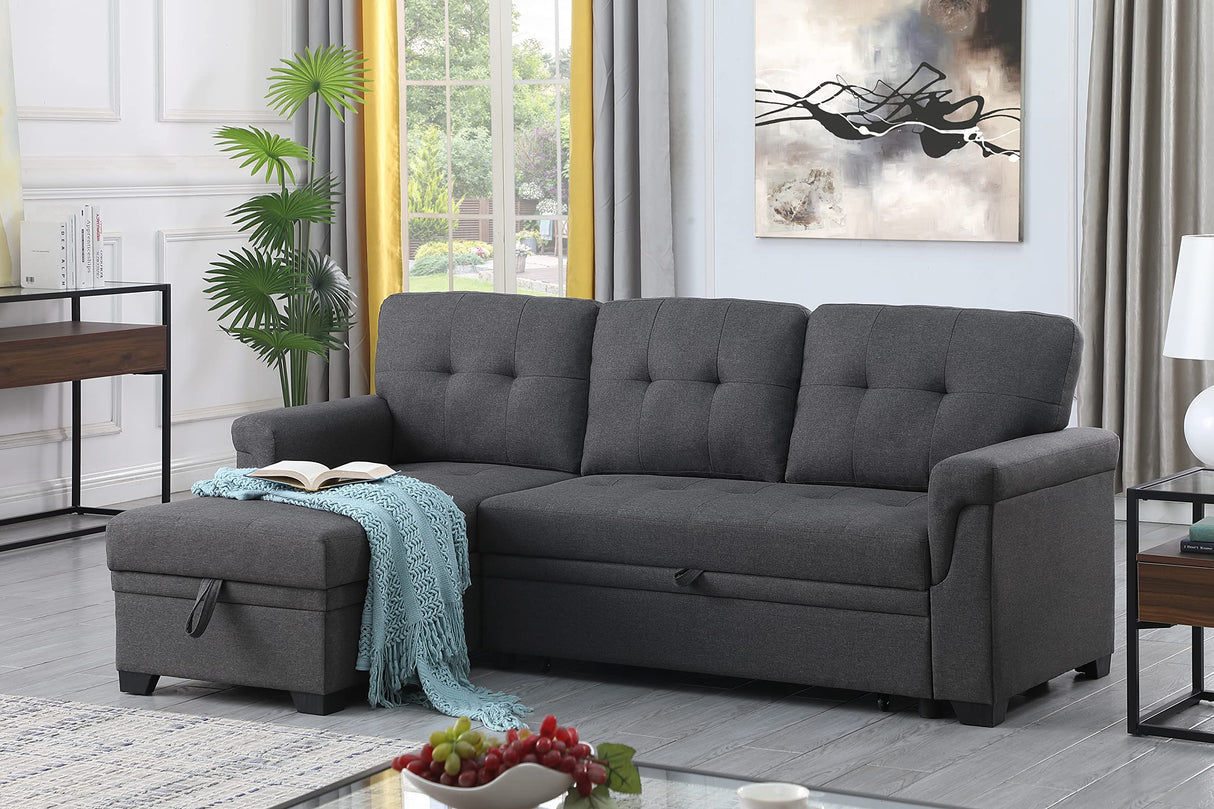 OMMGG 84'' L-Shape Convertible Sleeper Sectional Sofa, Linen Upholstered Reversible Corner 3 Person Couch with Storage Chaise and Pull-Out Bed, for Living Room, Apartment OMMGG