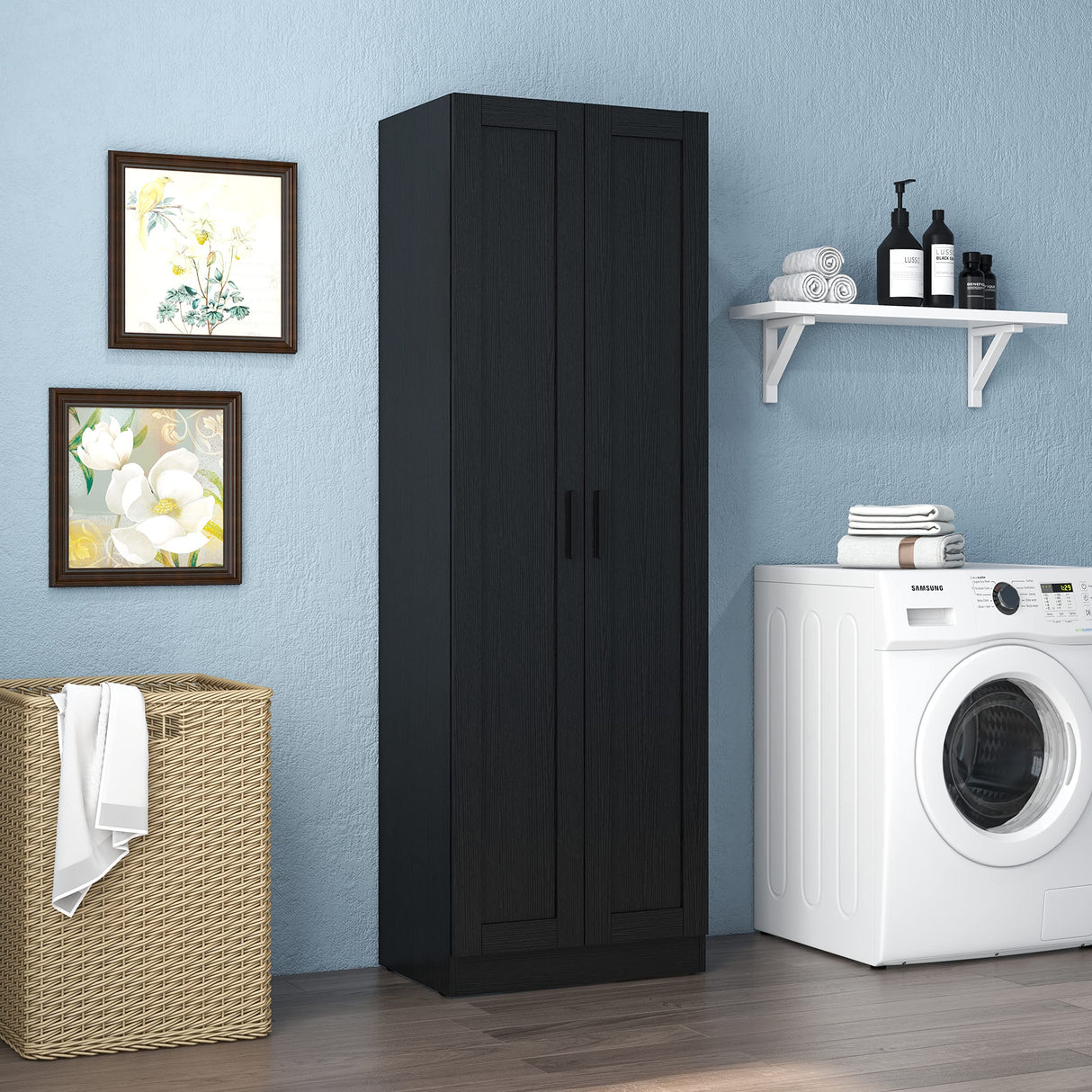 Panana Wooden Tall Storage Cabinet, Collection Food Pantry Cabinet Narrow Cabinet Free Standing with 2 Doors and Shelves (Black-s, 45P) Panana