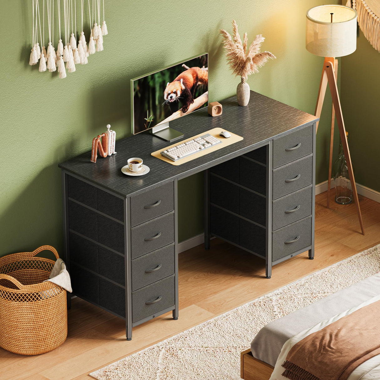 Huuger 47 Inch Computer Desk with 8 Drawers, Office Desk Work Desk for Home Office, Study, Gaming Desk with Fabric Drawers, Large Storage, Black Huuger