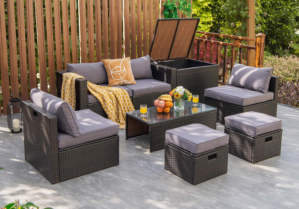 Tangkula 8 Piece Patio Furniture Set, Patiojoy Outdoor Space Saving PE Rattan Sectional Sofa Set for 6 with Waterproof Cover, for Garden, Deck, Poolside and Balcony (Grey) Tangkula
