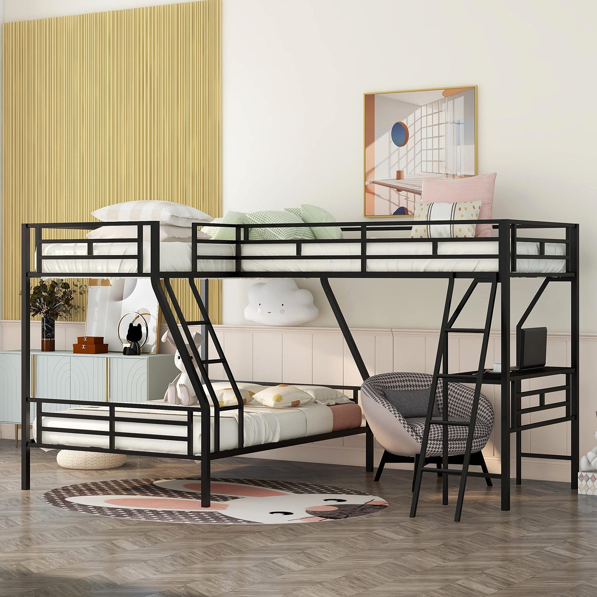L-Shaped Metal Triple Bunk Bed for 3, Twin Over Full Bunk Bed with a Twin Size Loft Bed Attached, with a Desk, 3 Beds Bunk Bed Frame for Kids Teens Adults - Black Bellemave