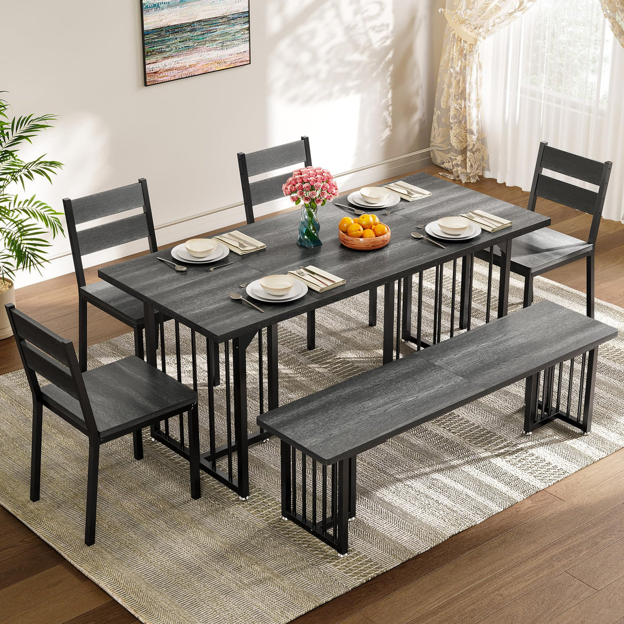 DWVO 6-Piece Dining Table Set for 6-8 People 63 Inch Kitchen Table Set with 2 Benches and 4 Chairs Farmhouse Rectangular Dining Room Table Set for Kitchen Dining Room Apartment Dark Grey DWVO