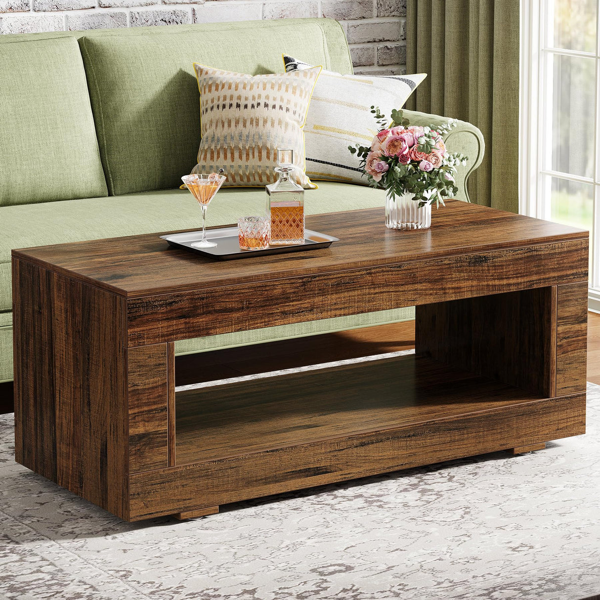 Tribesigns Wood Coffee Table for Living Room, 43.3" Modern Farmhouse Coffee Table with Storage, 2-Tier Rectangular Center Table Cocktail Living Room Table with Sturdy Base, Rustic Brown Tribesigns