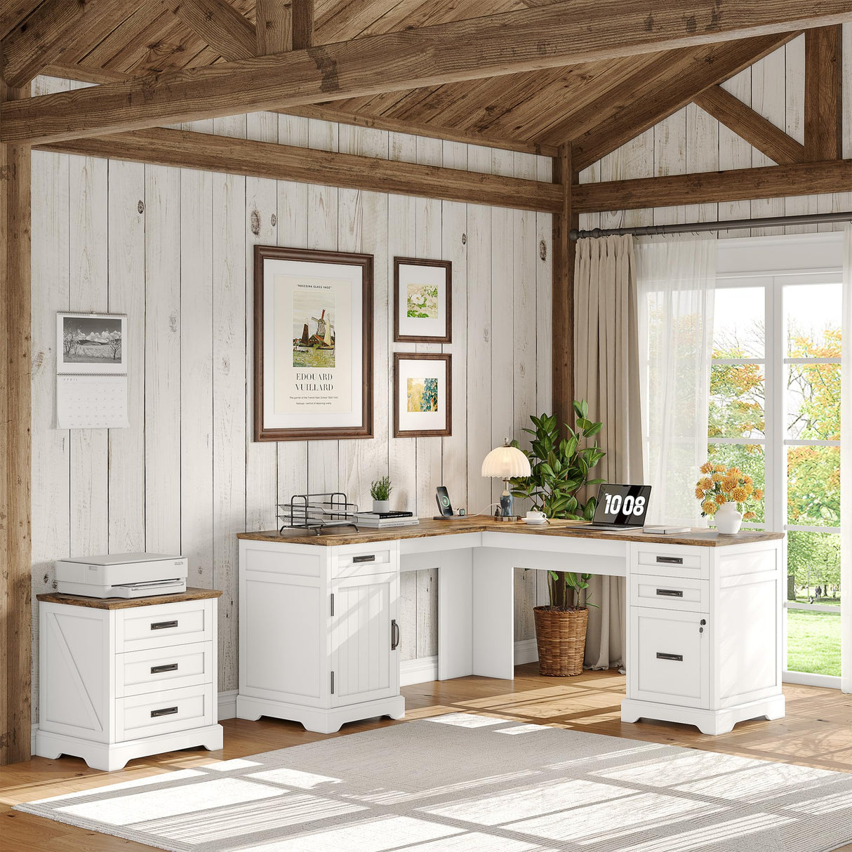 Whalefall Farmhouse L Shaped Desk with Drawers, 67 Inch Executive Home Office Desk with File Cabinet, Computer Corner Desk with Charging Station, White Whalefall