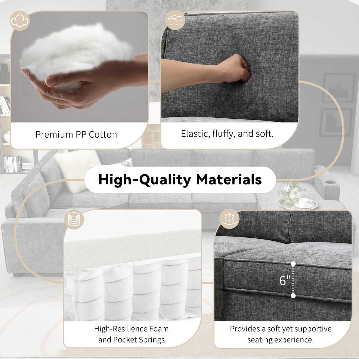 Merax Modern U-Shaped Cloud Couch Set with Oversized Chaise Lounge, Chenille 6-Seat Sectional Sofa Sleeper Bed with Cup Holders for Living Room Dark Gray Merax