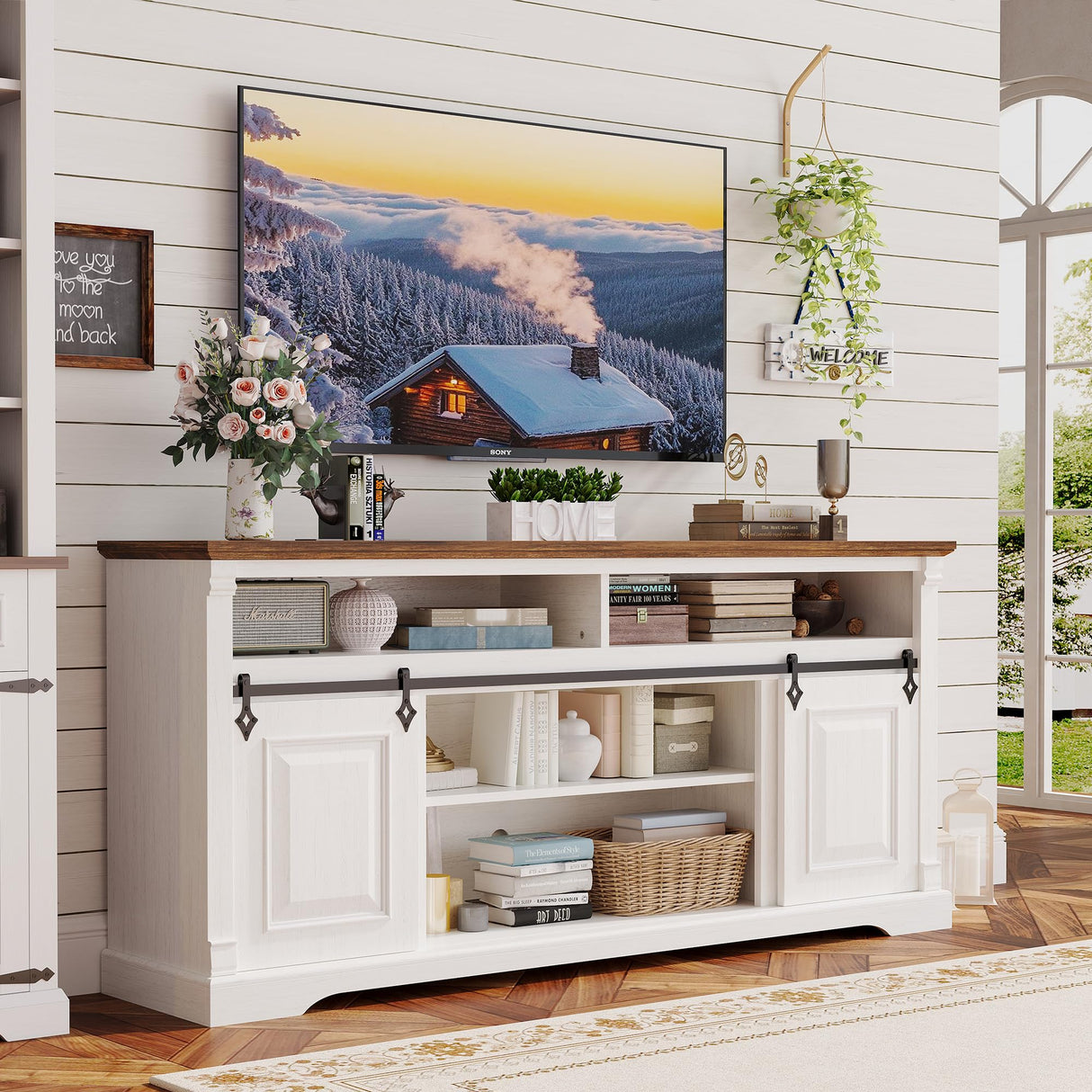 IRONCK Farmhouse TV Stand for 75+ Inch TV, 70" Entertainment Center with Storage Cabinets and Sliding Barn Door, Media Console for Living Room, White IRONCK