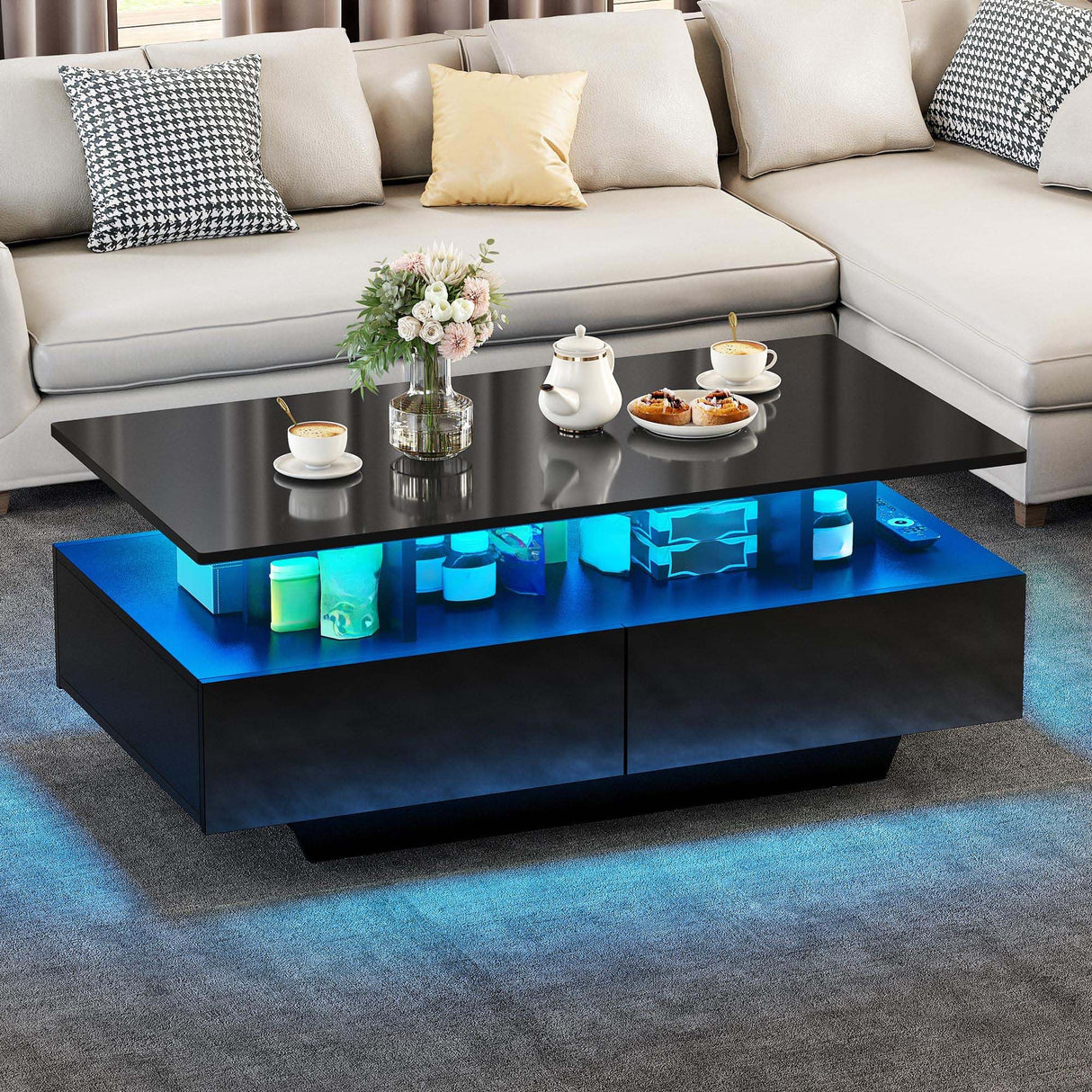 YITAHOME LED Coffee Table with Storage, High Glossy LED Coffee Tables for Living Room, Modern Black Rectangle Coffe Table, Small Center Table with Open Display Shelf & 4 Sliding Drawers, Glossy Black YITAHOME